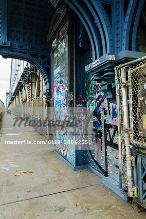 Pedestrian walkway and graffiti, Manhattan Bridge, New York City, New York, United States of America, North America