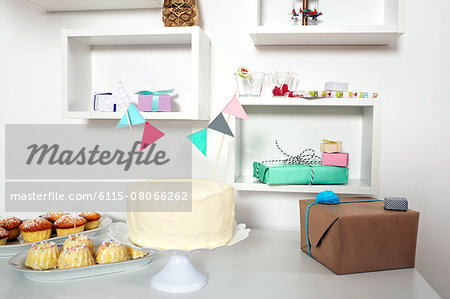 Cake, decoration and gift boxes on Birthday party, Munich, Bavaria, Germany