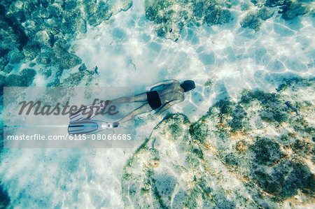 Diver snorkeling underwater, Adriatic Sea,  Dalmatia, Croatia