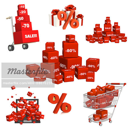 Collection of red boxes with the goods at a discount. Objects isolated on white bsckground