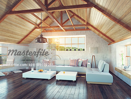 beautiful modern attic interior. 3d design concept.