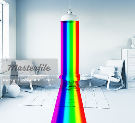 rainbow color light from the lamp in a  white interior