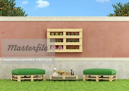 Garden with furniture made from old wooden pallet - 3D Rendering