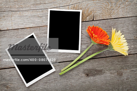 Two colorful gerbera flowers and photo frames on wooden table