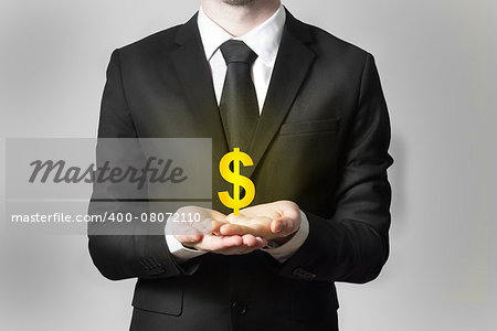 businessman serving gesture golden dollar symbol
