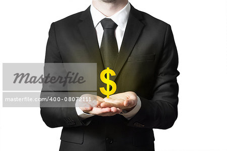 businessman in black suit serving gesture golden dollar symbol