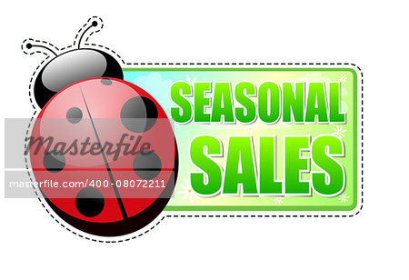 seasonal sales banner - text in green spring label with red ladybird and white flowers, business concept