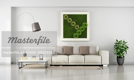 Minimalist living room with vertical garden in frame on wall - 3D Rendering