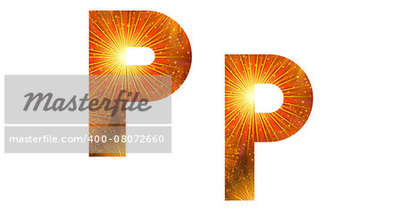 Set of English letters signs uppercase and lowercase P, stylized gold and orange holiday firework with stars and flares, elements for web design.