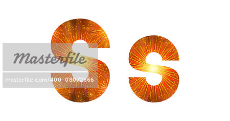 Set of English letters signs uppercase and lowercase S, stylized gold and orange holiday firework with stars and flares, elements for web design.