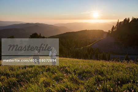A couple enjoying their hike through alpine meadows at sunset.