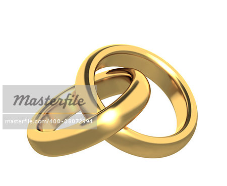 Two 3d gold wedding ring. Objects isolated on white background