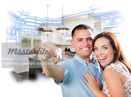 Young Happy Military Couple with New House Keys Over Kitchen Drawing and Photo Combination.