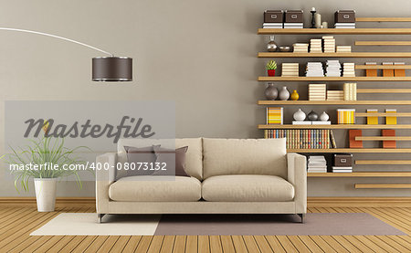 Contemporary living room with sofa and minimalist bookcase - 3D Rendering