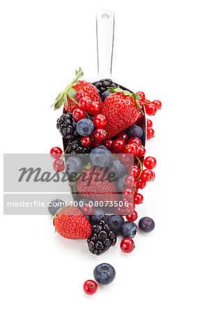 Assorted fruits in metal scoop.  View from above. Isolated on white background.