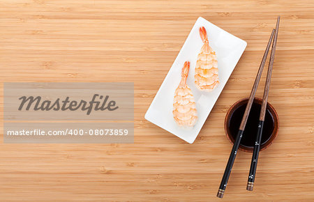 Shrimp sushi on bamboo table with copy space