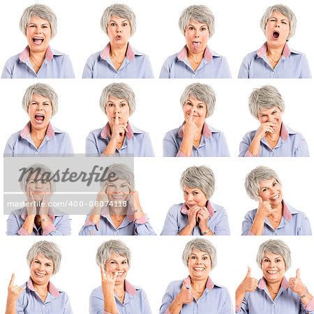 Composite of multiple portraits of a elderly woman in different expressions