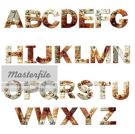 Alphabet - letters from rusty metal with rivets. Isolated on white background