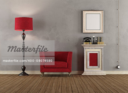 Vintage room with red armchairs ,pedestal and floor lamp - 3D Rendering