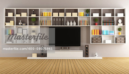 Modern living room with  large bookcase and television - 3D Rendering
