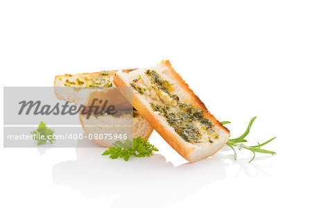 Garlic baguette isolated on white background with fesh herbs. Culinary baguette eating.