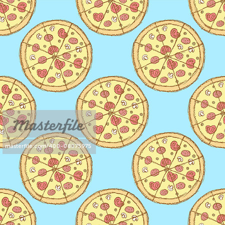 Sketch tasty pizza in vintage style, vector seamless pattern