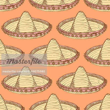 Sketch mexican sombrero in vintage style, vector seamless pattern