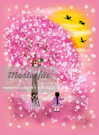 Little girl and flowering tree. Pink spring illustration.