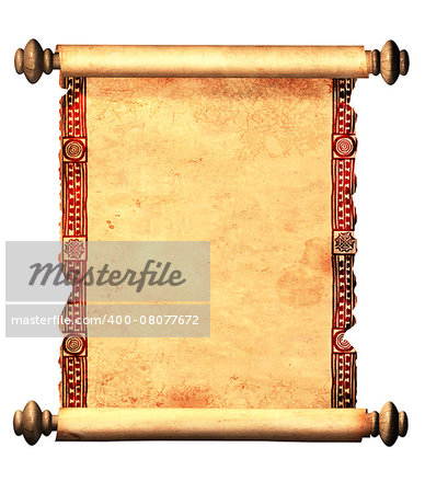 Scroll of old parchment with decorative ornament. Object isolated on white background