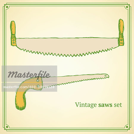 Sketch saws for wood in vintage style, vector