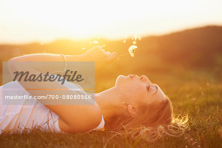 Young woman holding a dandelion in her hand lying on a meadow at sunset in spring, Germany Young woman holding a dandelion in her hand lying on a meadow at sunset in spring, Germany