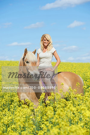 Portrait of young woman sitting on a Haflinger horse in a canola field in spring, Bavaria, Germany