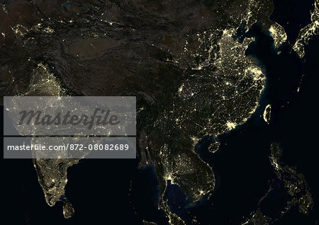 India and China at night in 2012. This satellite image shows urban and industrial lights. India and China at night in 2012. This satellite image shows urban and industrial lights.