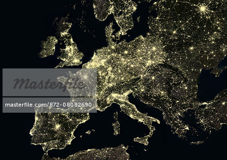 Western Europe at night in 2012, from Portugal to Moscow, Russia. This satellite image shows urban and industrial lights.