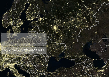 Eastern Europe at night in 2012, with Moscow, Russia at center. This satellite image with country borders shows urban and industrial lights. Eastern Europe at night in 2012, with Moscow, Russia at center. This satellite image with country borders shows urban and industrial lights.