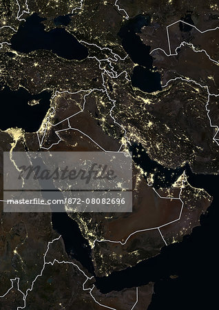 Middle East at night in 2012, with Saudi Arabia. This satellite image with country borders shows urban and industrial lights.