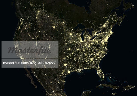 United States at night in 2012. This satellite image shows urban and industrial lights.