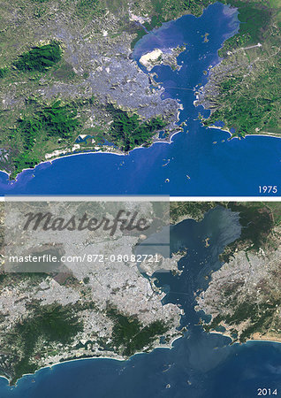 Satellite view of Rio de Janeiro, Brazil in 1975 and 2014. This before and after image shows urban expansion over the years.