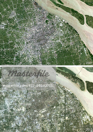 Satellite view of Shanghai, China in 2001 and 2013. This before and after image shows urban expansion over the years.