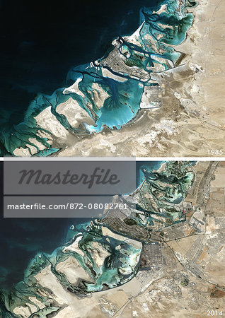 Satellite view of Abu Dhabi, United Arab Emirates in 1985 and 2014. This before and after image shows urban expansion over the years. Satellite view of Abu Dhabi, United Arab Emirates in 1985 and 2014. This before and after image shows urban expansion over the years.