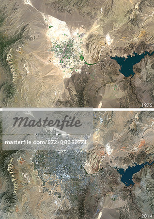 Satellite view of Las Vegas, Nevada, USA in 1975 and 2013. This before and after image shows urban expansion over the years.