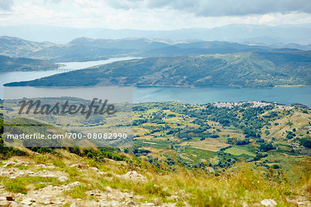 Overview of Lake Campotosto with Mountains in background, Gran Sasso e Monti della Laga National Park, Monti della Laga, Abruzzo, Italy