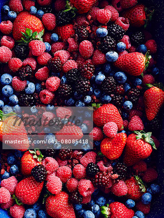 Still life with abundance of strawberries, blackberries, blueberries, raspberries and cranberries
