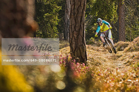 Young male mountain biker cycling downhill in forest