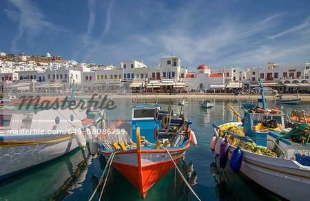 Fishing boats in harbor, Mykonos, Cyclades, Greece