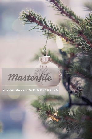 Silver ornament hanging on Christmas tree