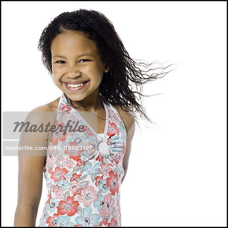 girl in a floral print dress