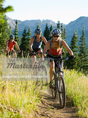 mountain bikers riding along a trail