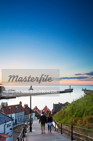 United Kingdom, England, North Yorkshire, Whitby. The harbour and 199 Steps.