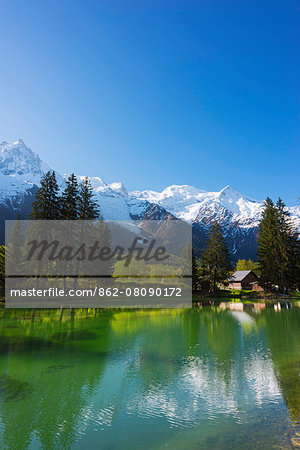 Europe, France, Haute Savoie, Rhone Alps, Chamonix Valley, Mont Blanc 4810m above Lac des Gaillands